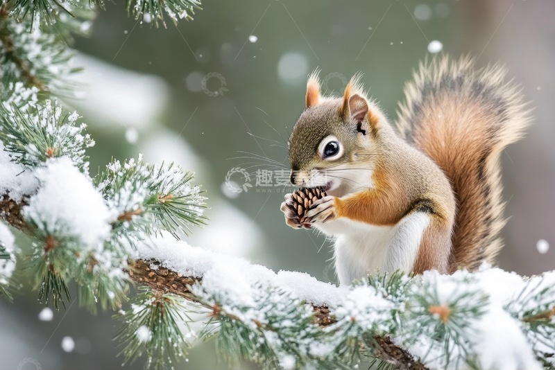 高清大图下载【趣麦麦图】冬季站在松树枝上的可爱小松鼠