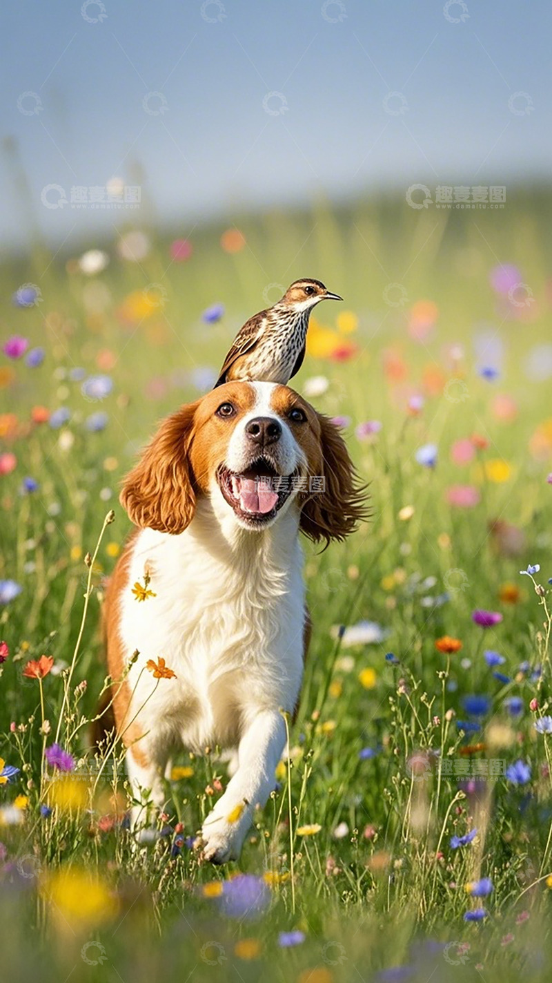 高清大图下载【趣麦麦图】和谐共处狗狗鸟友