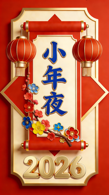 小年夜喜庆灯笼花开卷轴设计