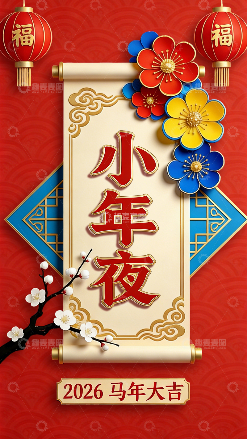 源文件下载【趣麦麦图】喜庆小年夜祝福卷轴设计