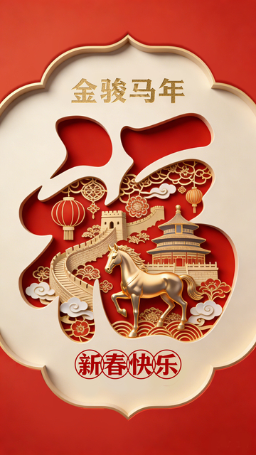 金骏马年新春祝福剪纸画