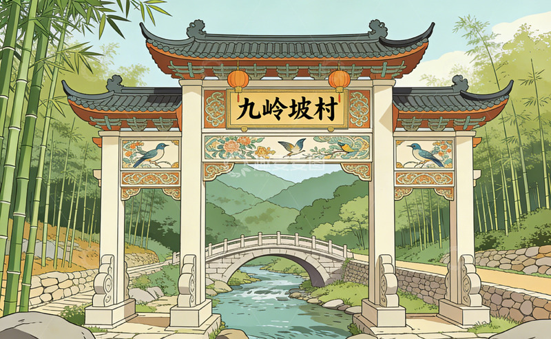 高清大图下载【趣麦麦图】古风山村牌坊山水插画