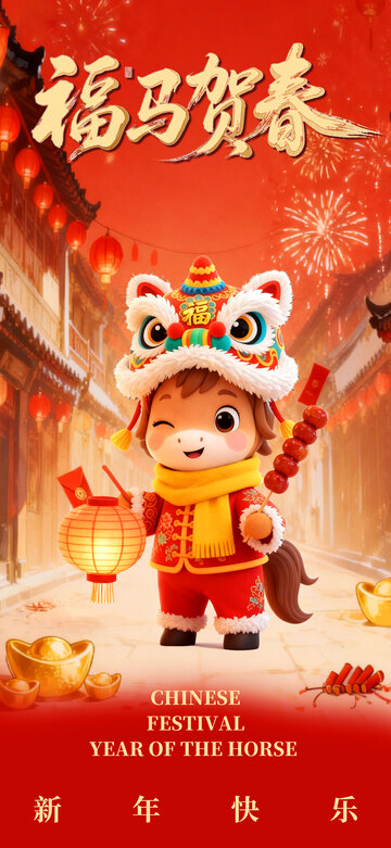 卡通马年新年贺卡设计素材