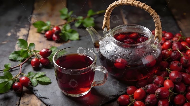 高清大图下载【趣麦麦图】玻璃壶红色茶饮浆果装饰