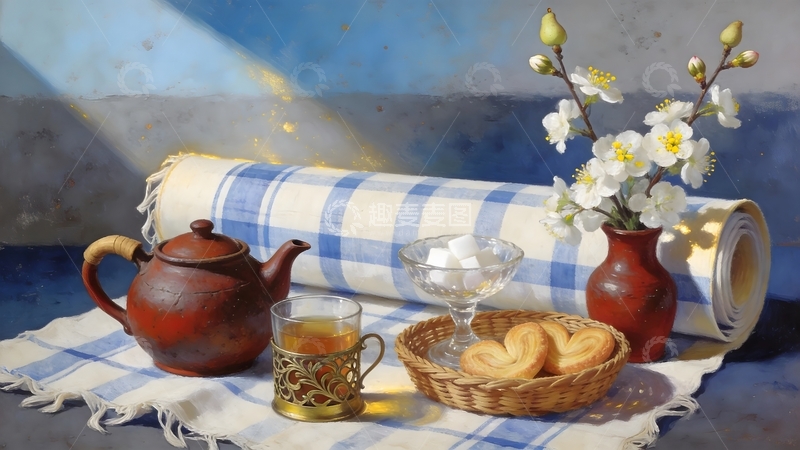 高清大图下载【趣麦麦图】静物画茶壶茶杯花瓶