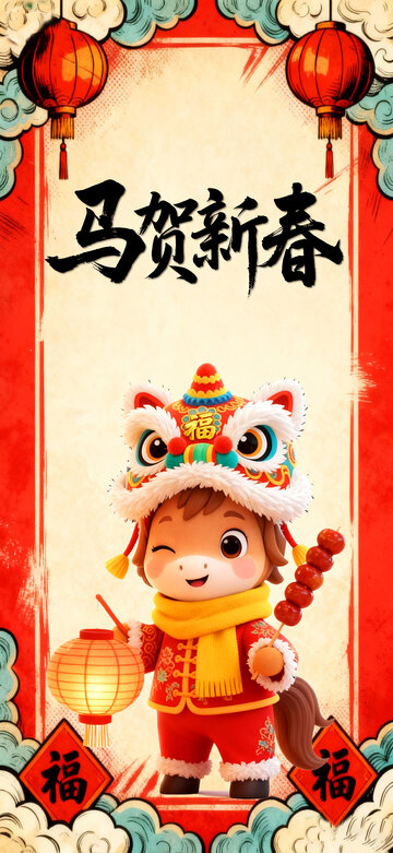 卡通马贺新春喜庆海报设计素材
