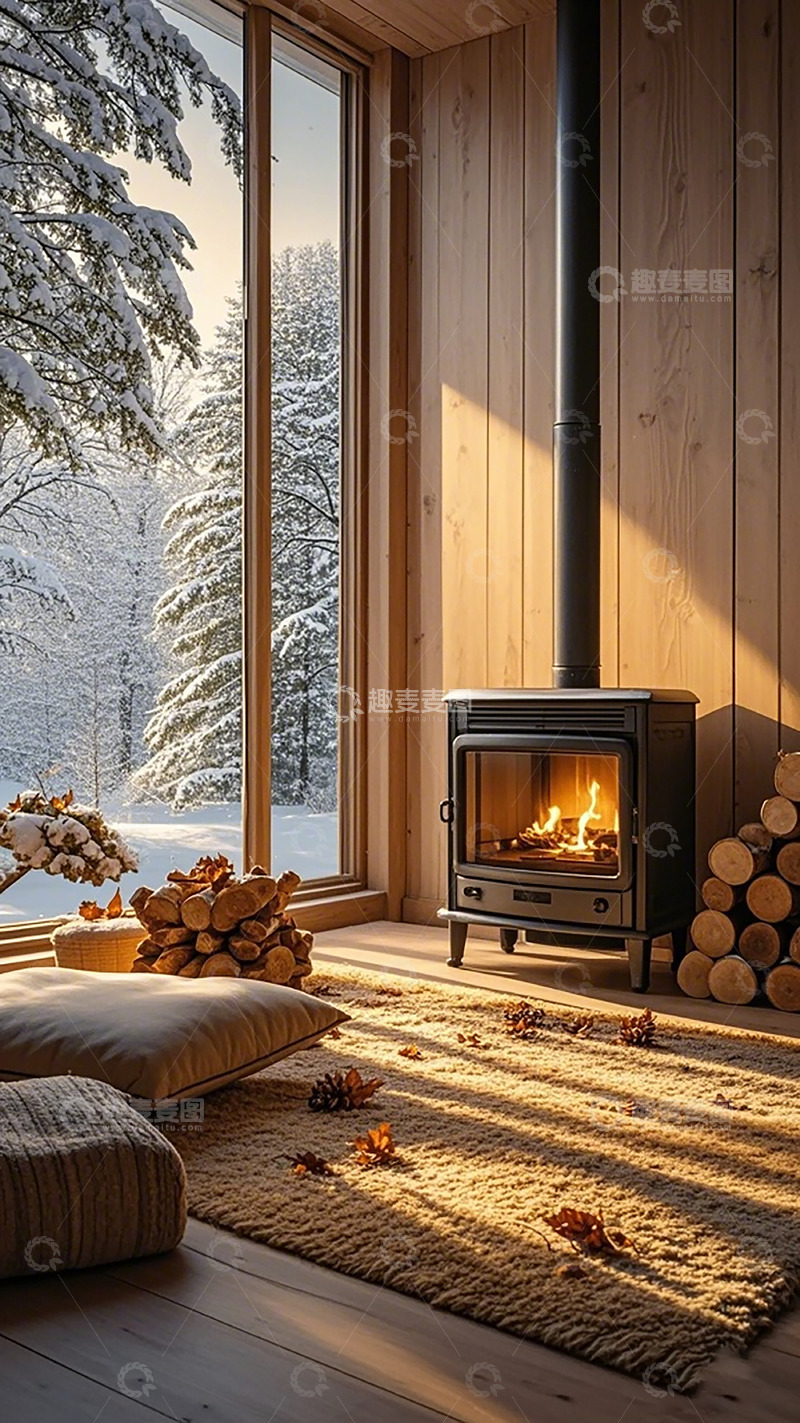 高清大图下载【趣麦麦图】冬日暖阳木屋温馨