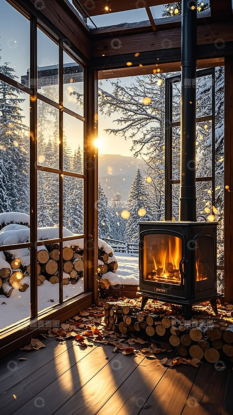 高清大图下载【趣麦麦图】冬日雪景木屋温馨角落