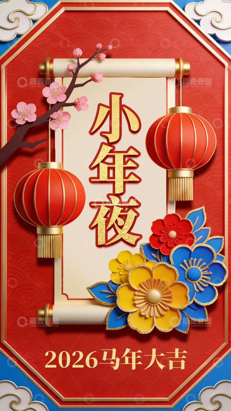 源文件下载【趣麦麦图】小年夜喜庆灯笼花卉卷轴设计