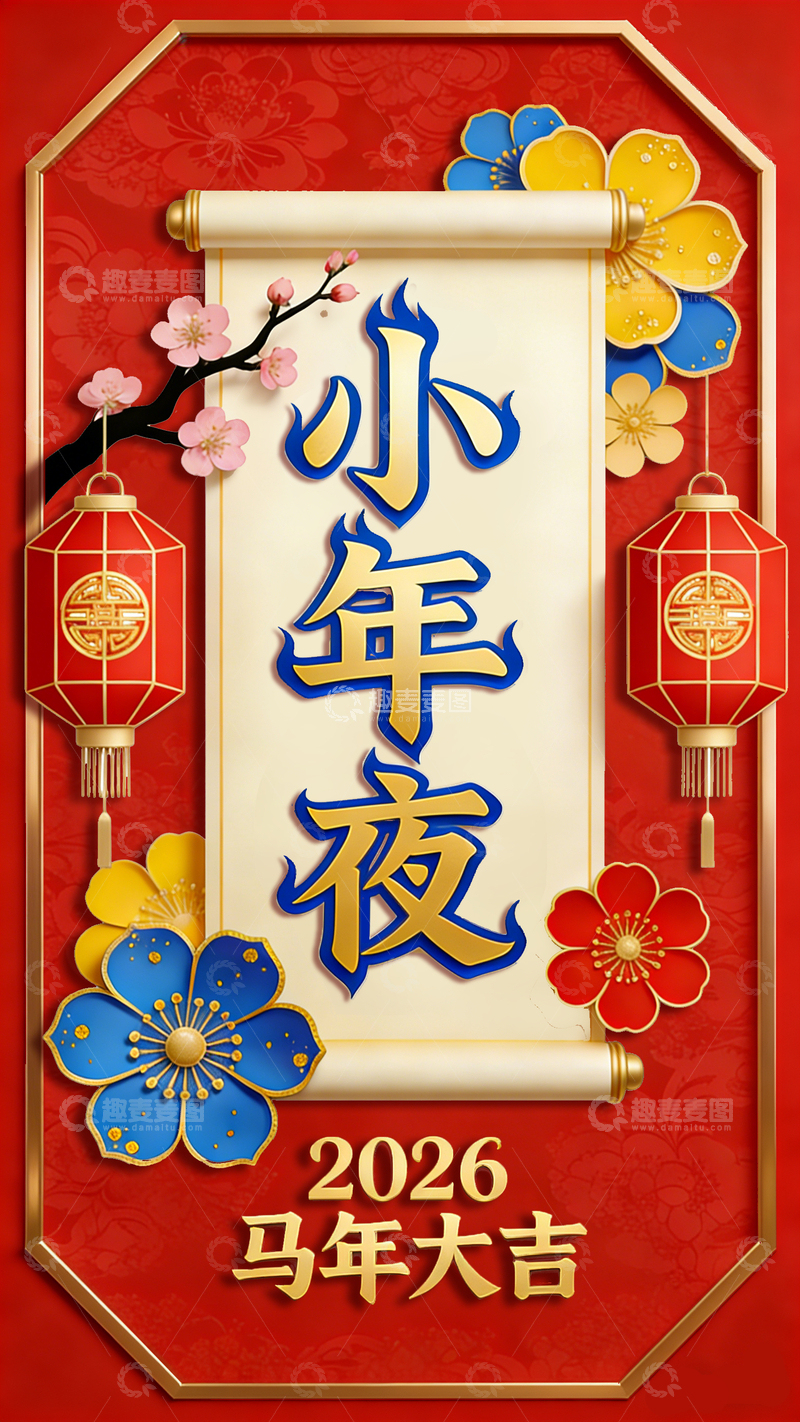 源文件下载【趣麦麦图】小年夜喜庆卷轴海报设计