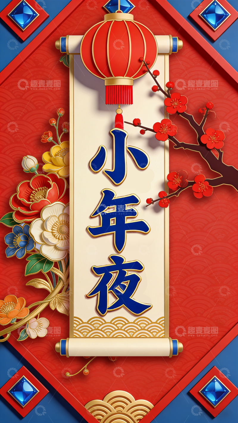 源文件下载【趣麦麦图】喜庆小年夜灯笼梅花装饰画