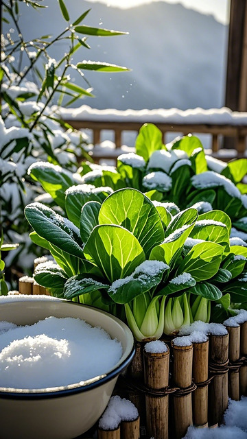 雪霜覆盖青菜盆栽美景