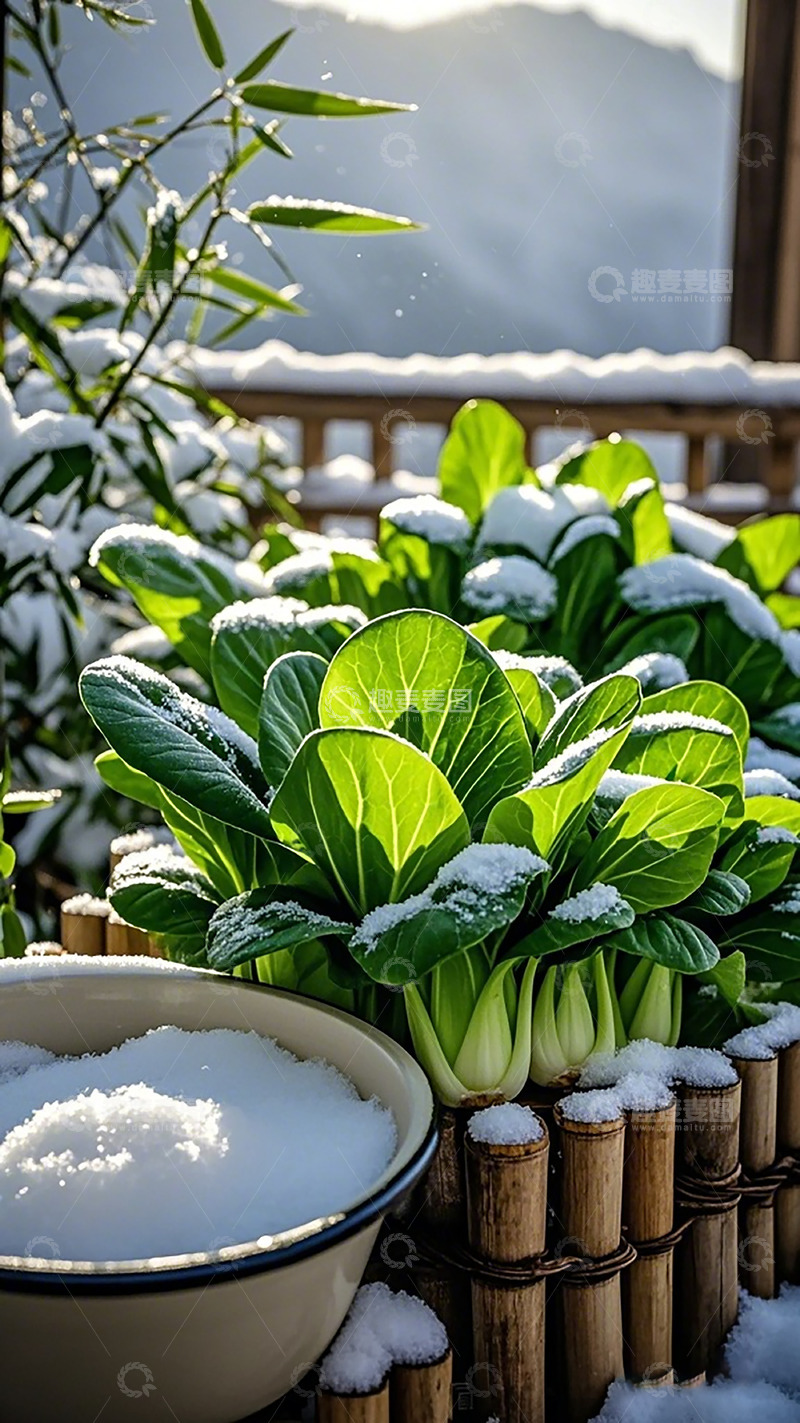高清大图下载【趣麦麦图】雪霜覆盖青菜盆栽美景