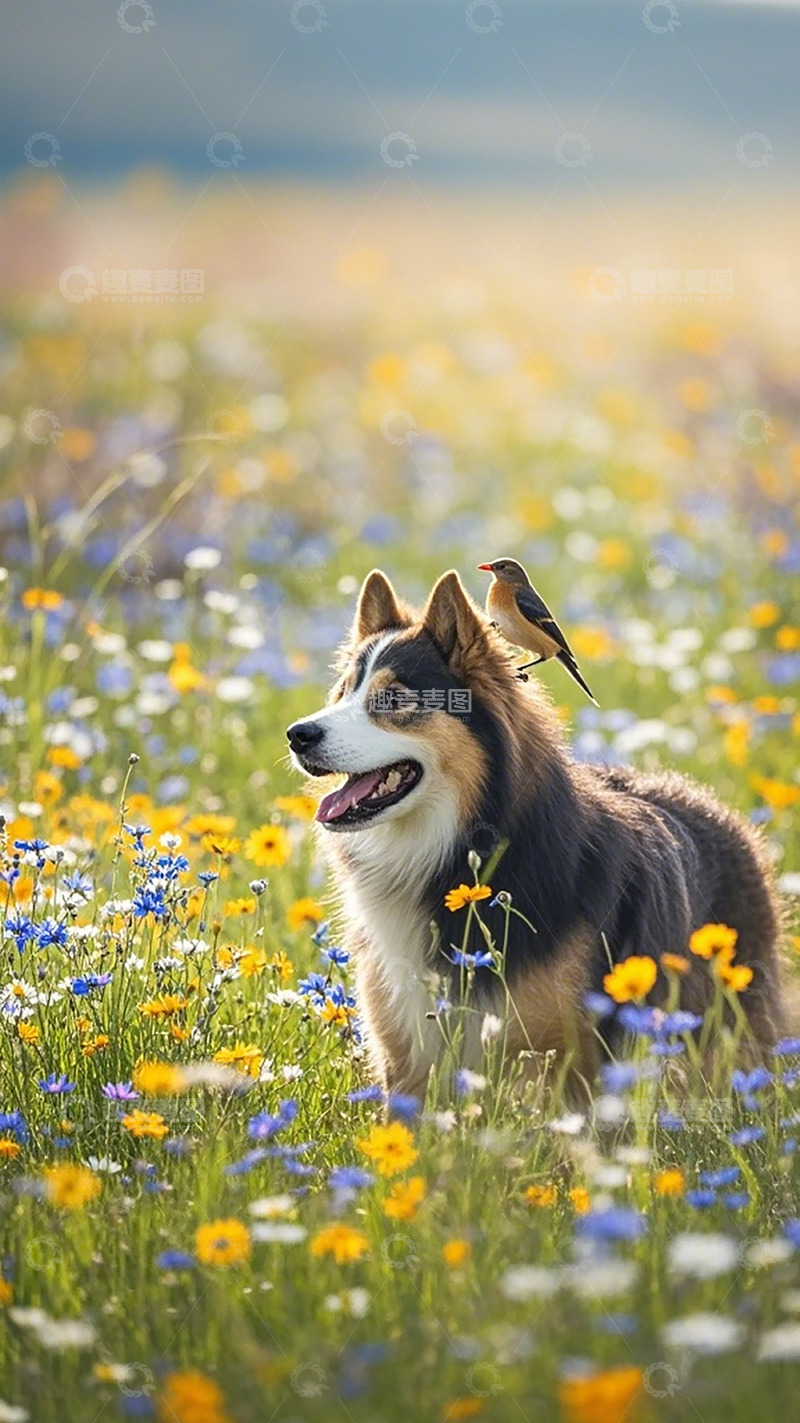 高清大图下载【趣麦麦图】花海犬鸟和谐美景
