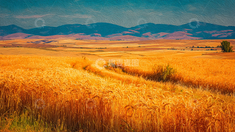 高清大图下载【趣麦麦图】乡村麦田金黄一片