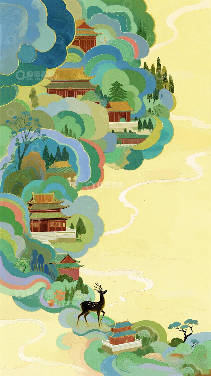 高清大图下载【趣麦麦图】古风山水建筑插画