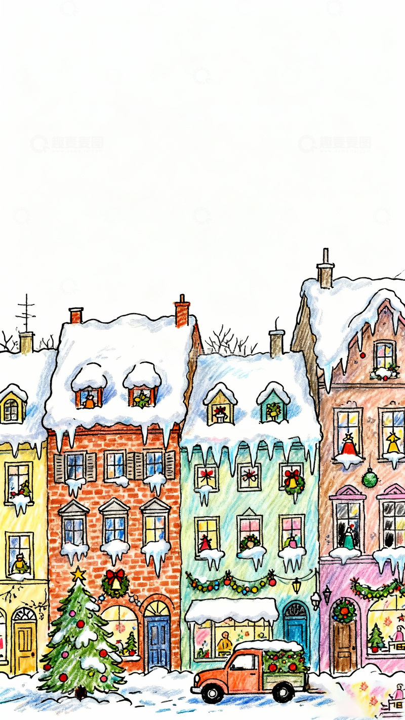 高清大图下载【趣麦麦图】彩绘冬日小镇雪景