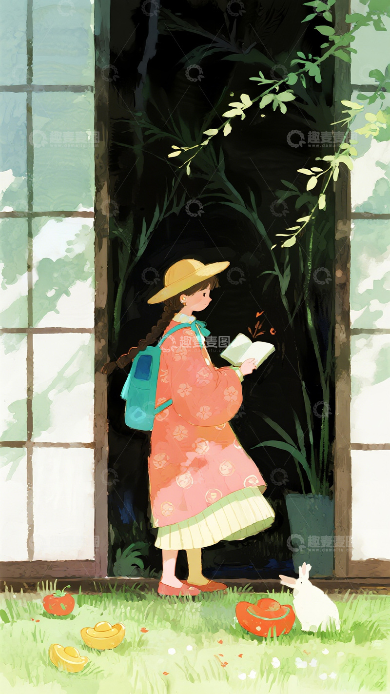 高清大图下载【趣麦麦图】童趣花园阅读时光插画