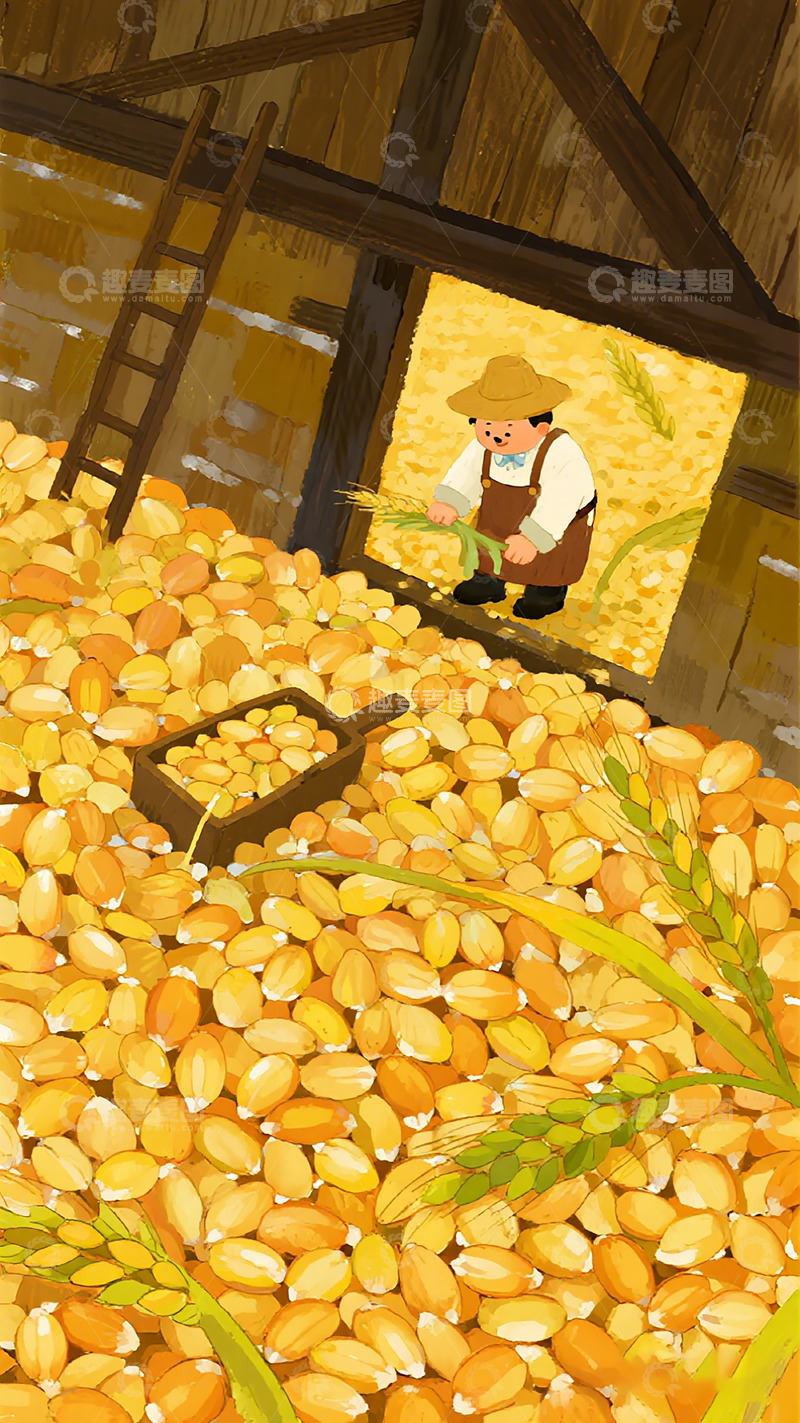 高清大图下载【趣麦麦图】农民收粮仓库插画