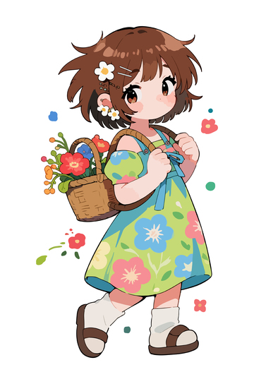 卡通女孩春日采花插画