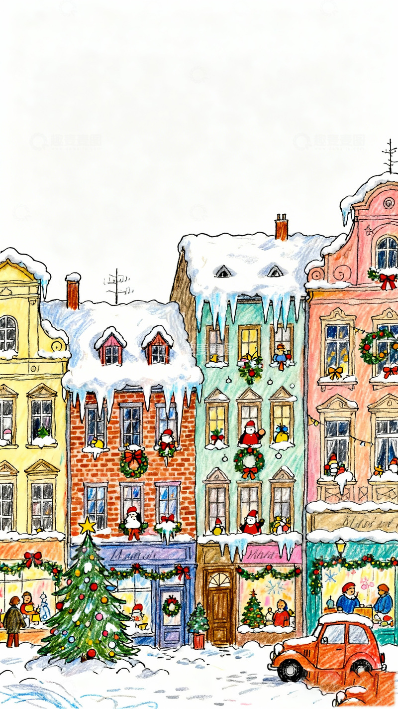 高清大图下载【趣麦麦图】圣诞小镇雪景手绘插画