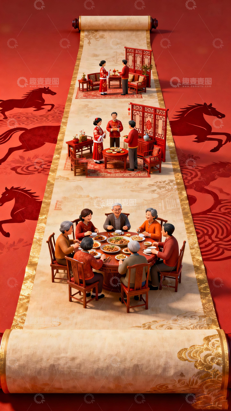高清大图下载【趣麦麦图】中国传统节日家庭聚餐场景