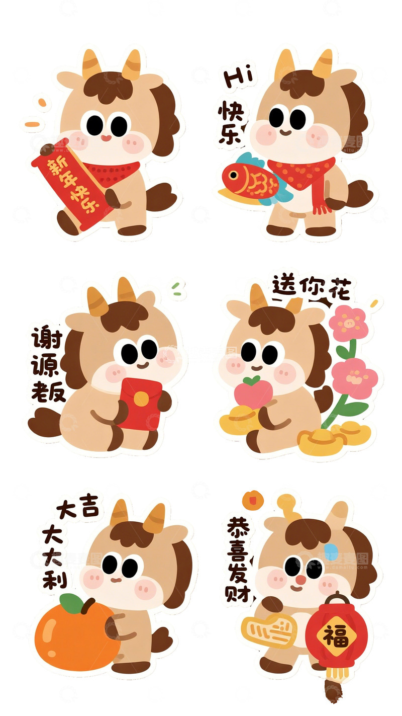 高清大图下载【趣麦麦图】卡通牛新年祝福贴纸设计素材