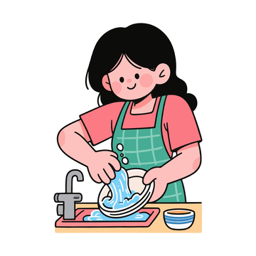 卡通女孩洗碗插画