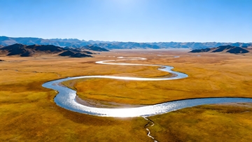 草原蜿蜒河流航拍