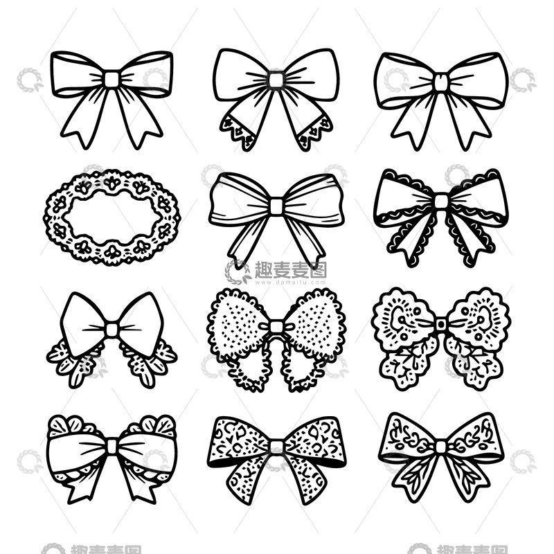 源文件下载【趣麦麦图】-黑白线描蝴蝶结装饰图案集