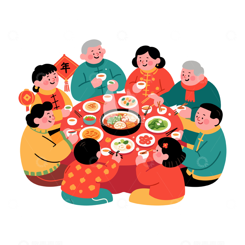 源文件下载【趣麦麦图】-卡通春节团圆饭插画