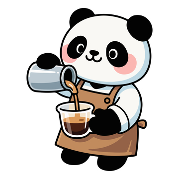 卡通熊猫咖啡师倒咖啡插画
