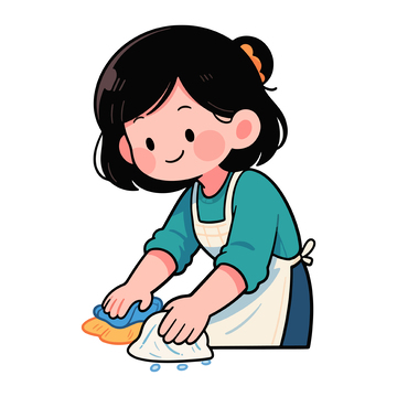 卡通女孩擦地板温馨画面