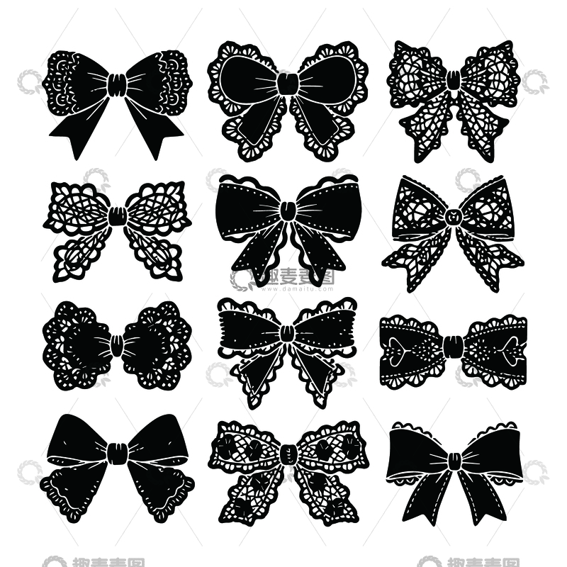 源文件下载【趣麦麦图】-黑白蕾丝蝴蝶结装饰图案设计素材