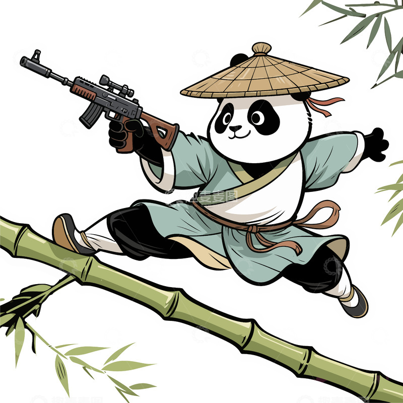 源文件下载【趣麦麦图】熊猫武侠竹林持枪