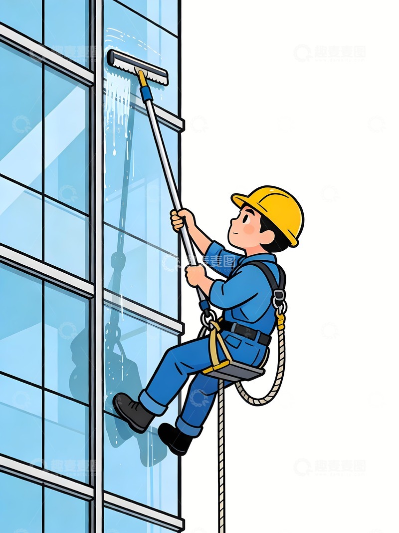 高清大图下载【趣麦麦图】一名高空作业的擦玻璃人