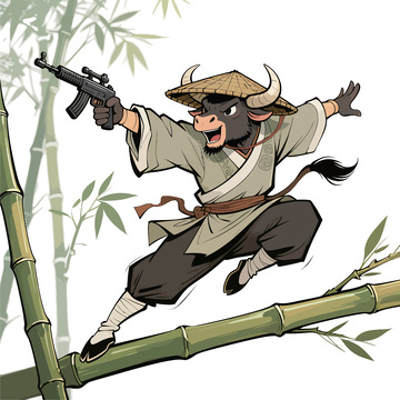 卡通牛武侠竹林激战插画