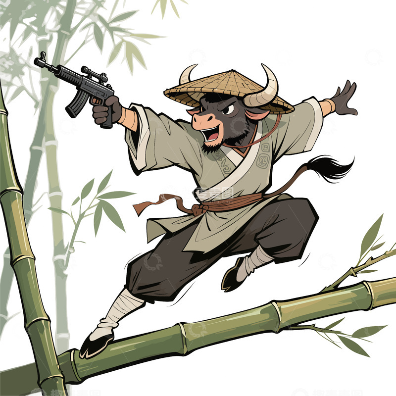 源文件下载【趣麦麦图】-卡通牛武侠竹林激战插画