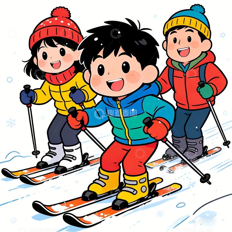 高清大图下载【趣麦麦图】三名滑雪的小孩
