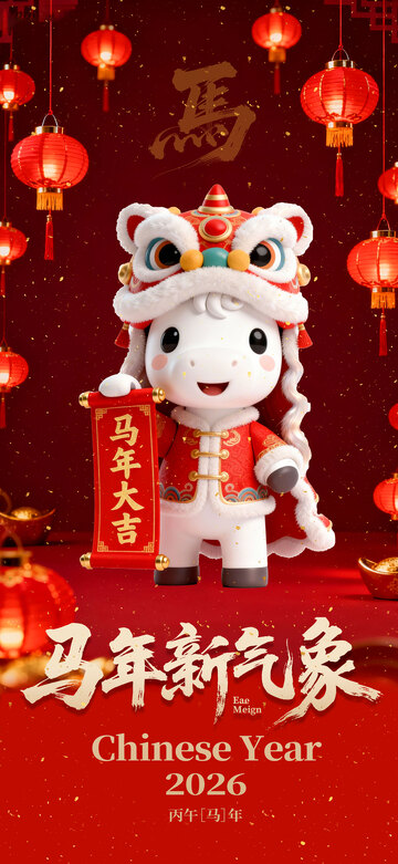 马年新春喜庆卡通海报设计素材