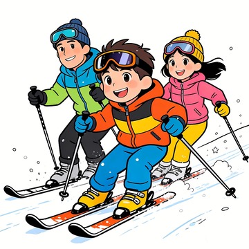 一家三口正在滑雪