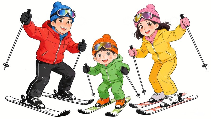 高清大图下载【趣麦麦图】三名高兴滑雪的人