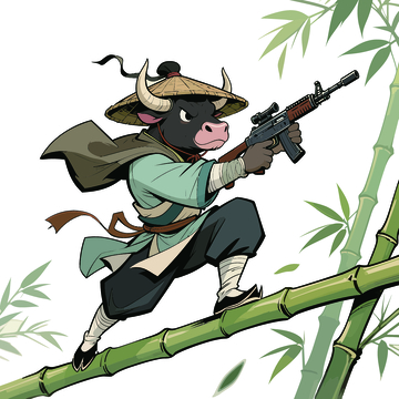 卡通牛武侠竹林战斗图