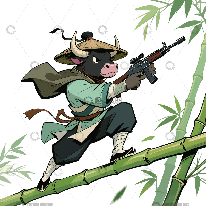 源文件下载【趣麦麦图】-卡通牛武侠竹林战斗图