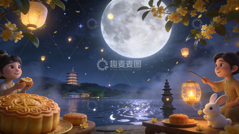 高清大图下载【趣麦麦图】桂月映湖：孩童与玉兔的中秋夜宴