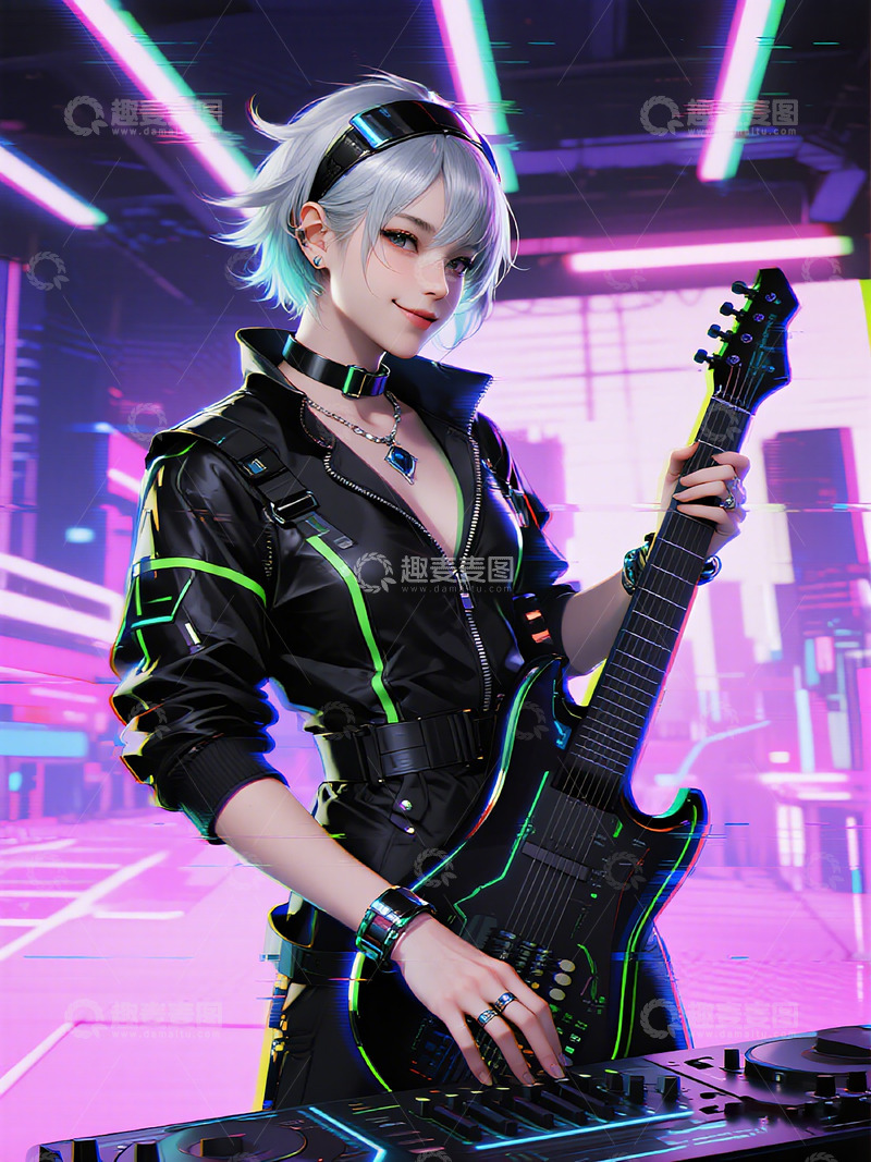 高清大图下载【趣麦麦图】未来感摇滚女吉他手