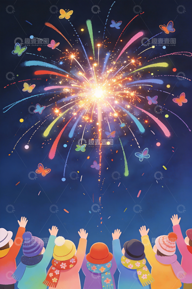 源文件下载【趣麦麦图】卡通小孩看烟花场景12