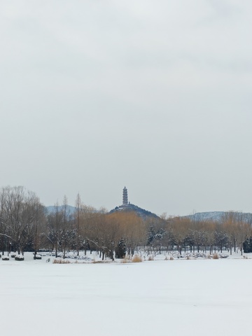 冬日雪景宝塔远山