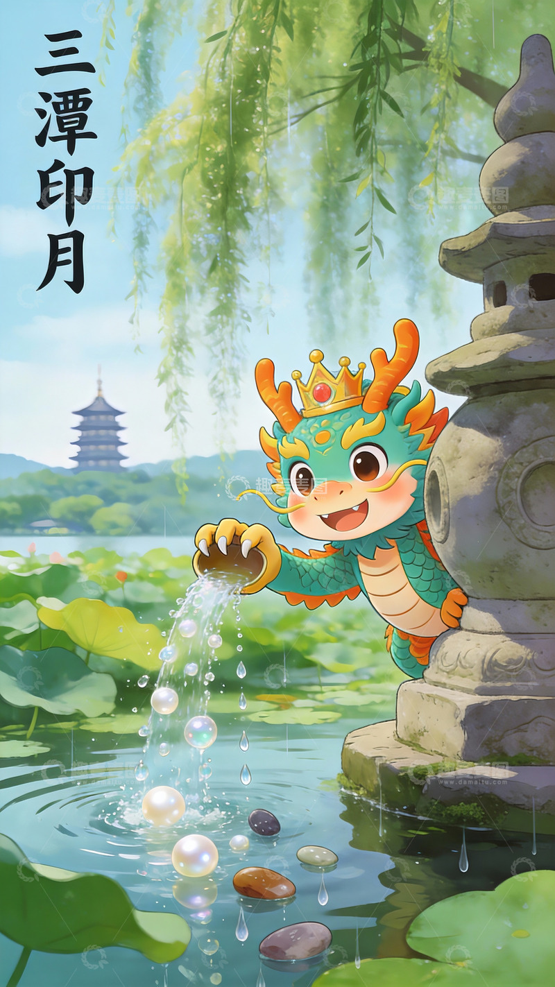 高清大图下载【趣麦麦图】三潭印月小龙嬉水图