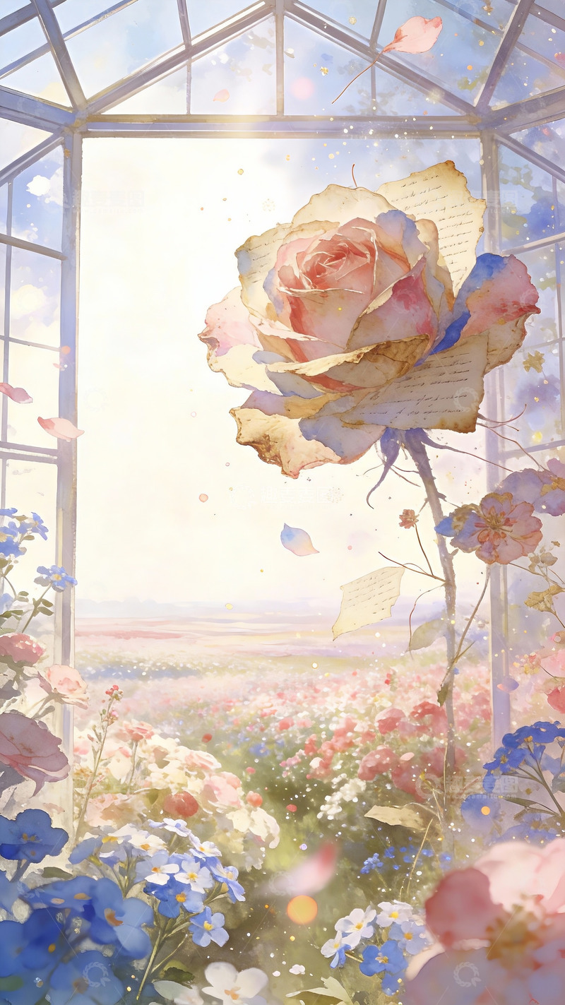 高清大图下载【趣麦麦图】水彩风温室巨型玫瑰浪漫插画1